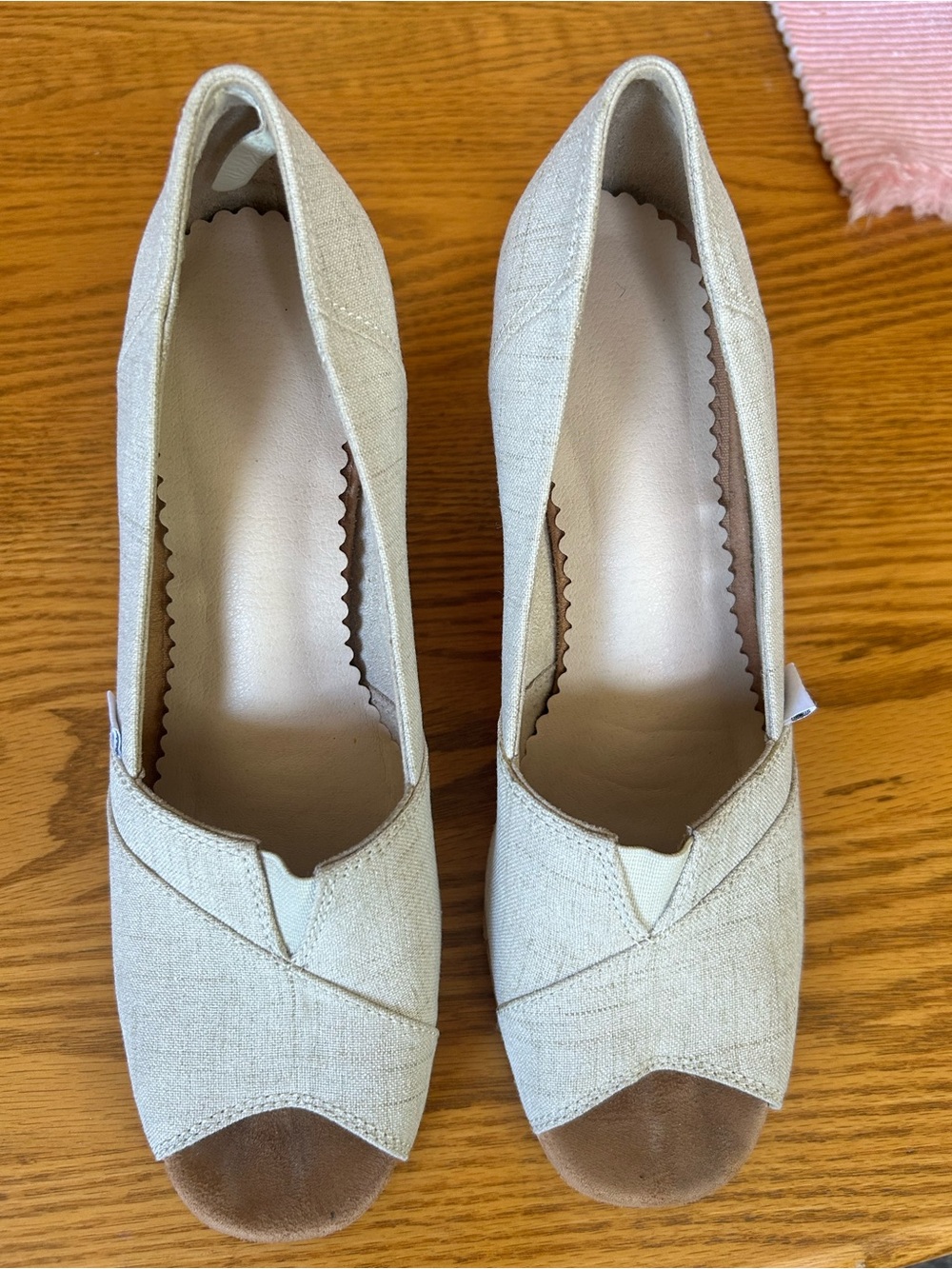 Toms Beige Linen Peep-Toe Espadrille Heels - Cork Wedge - Sz 9-1/2